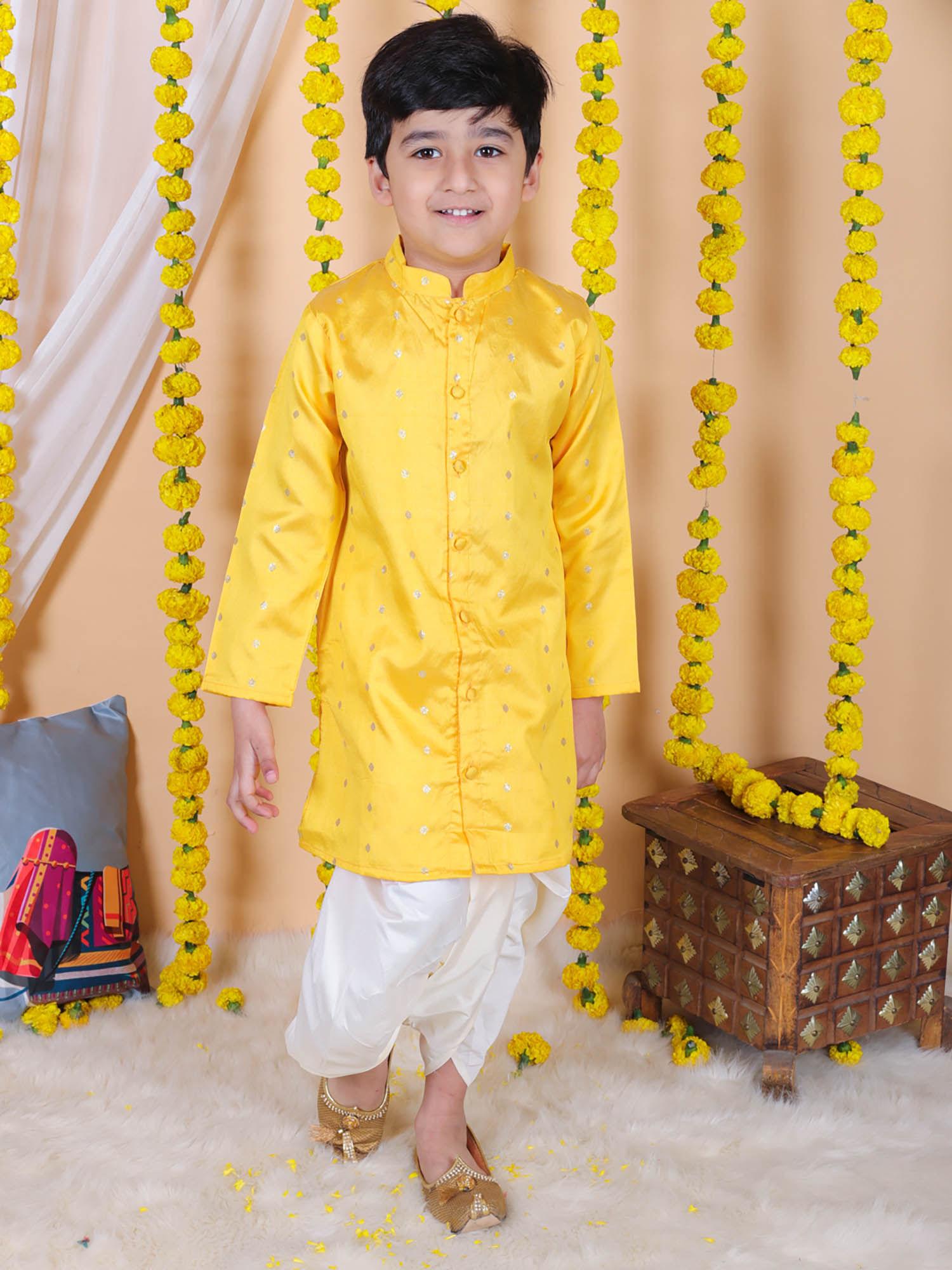 boy kids wear festive dhoti kurta - yellow (set of 2)