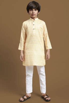boy printed floral pattern ethnic cotton kurta set - yellow