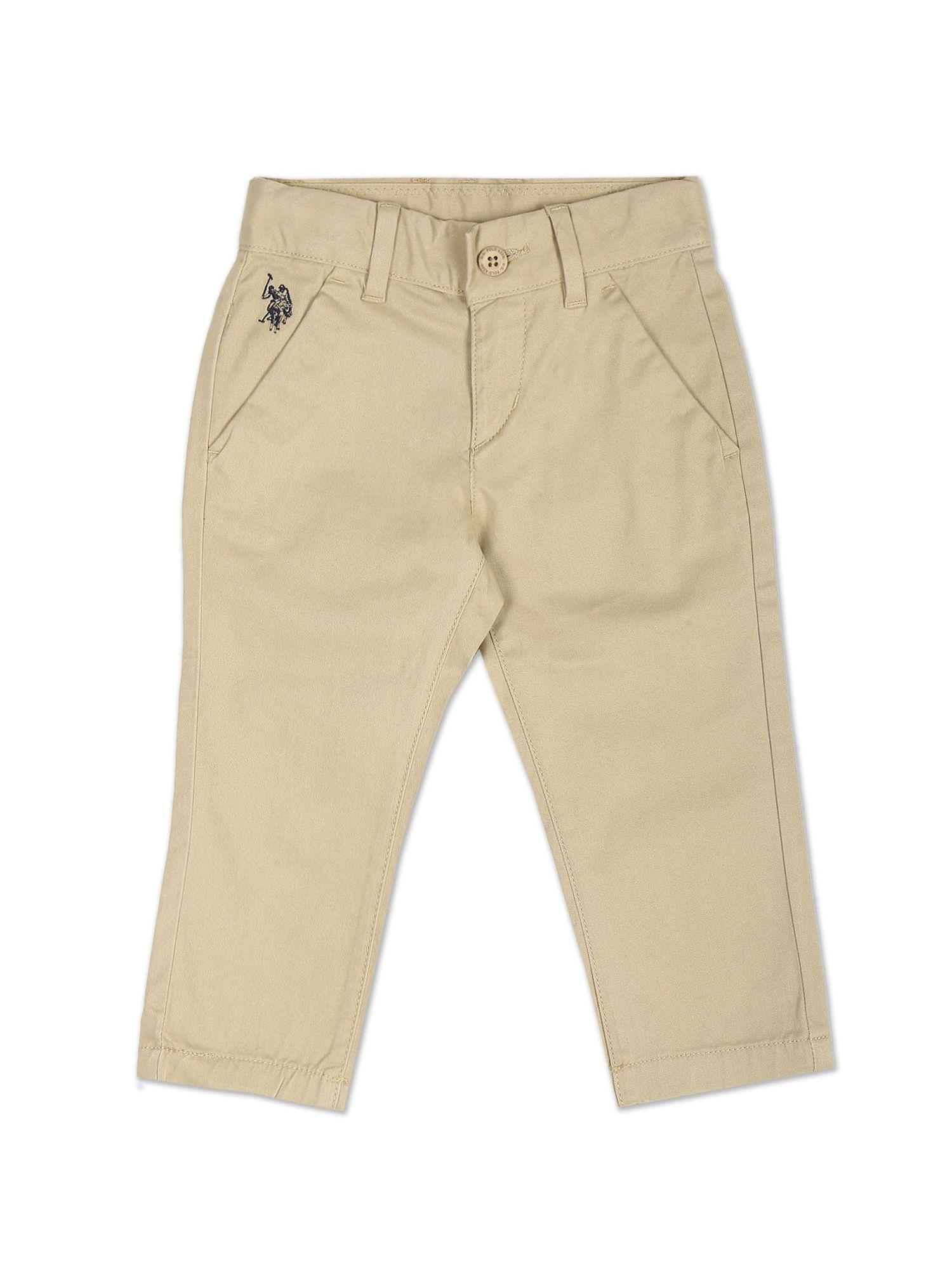 boys beige mid rise twill weave solid trousers