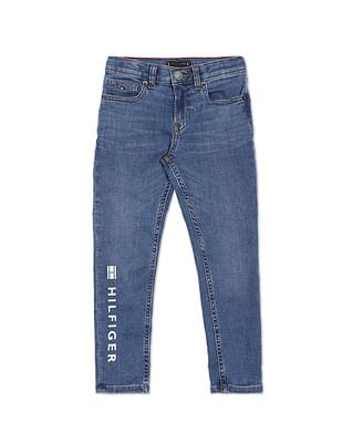 boys blue scanton slim tapered fit logo print jeans