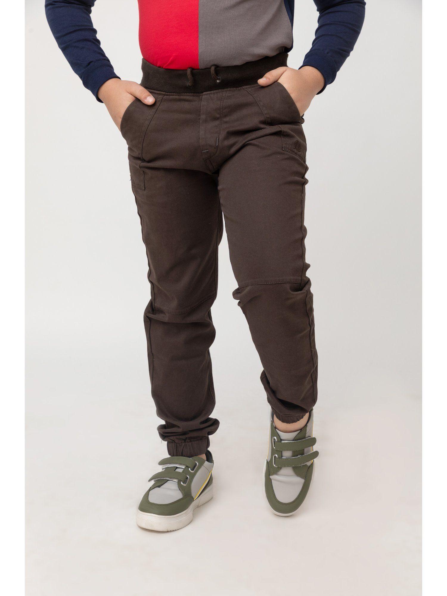 boys brown cotton solid tapered joggers