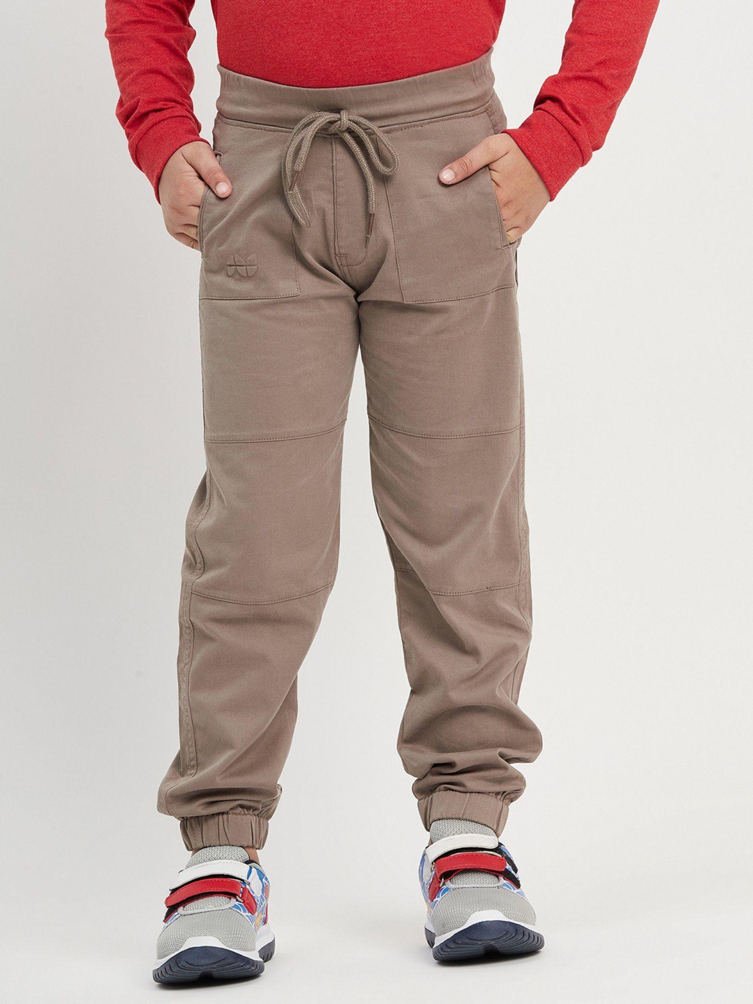 boys brown lycra solid tapered joggers