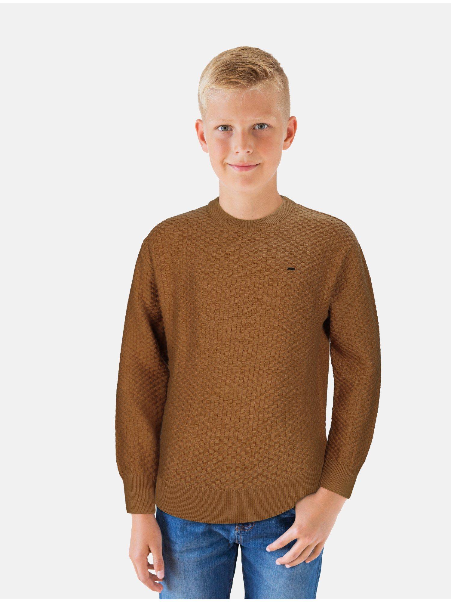 boys brown woven solid sweater full sleeves