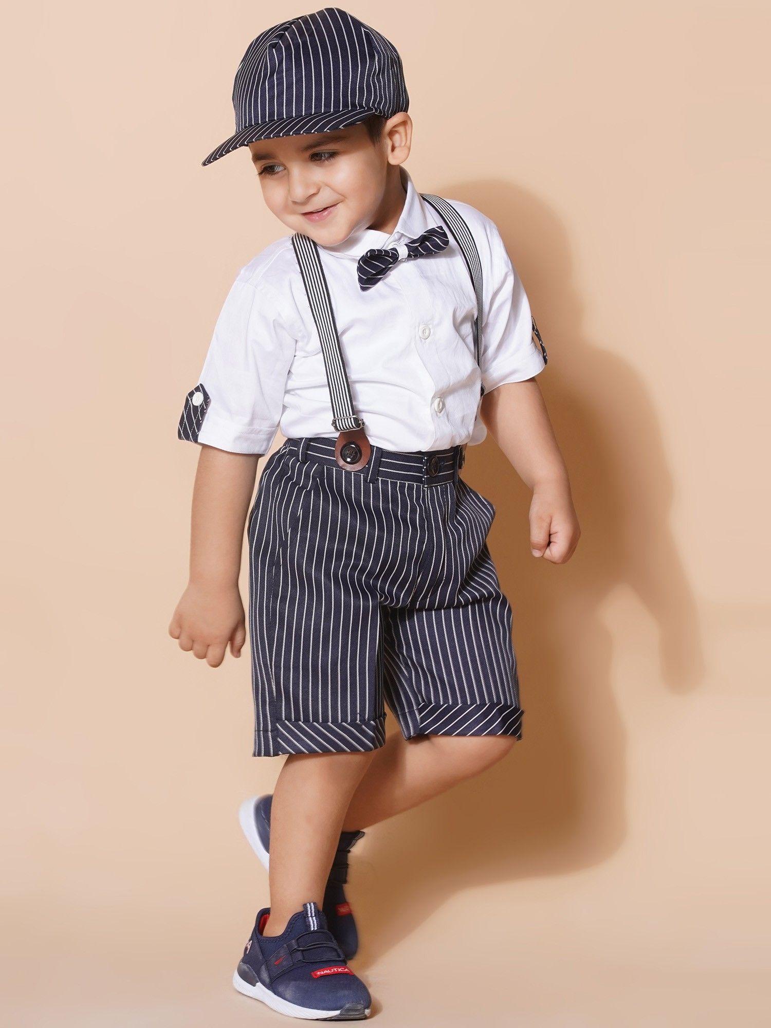 boys cotton black shorts with suspender cap and shirt (set of 5)