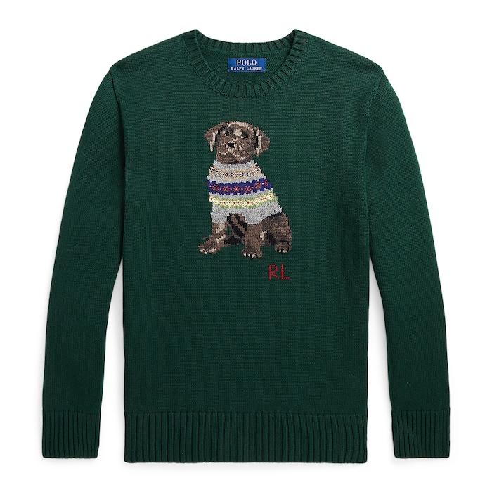 boys dark green dog-intarsia crewneck sweater