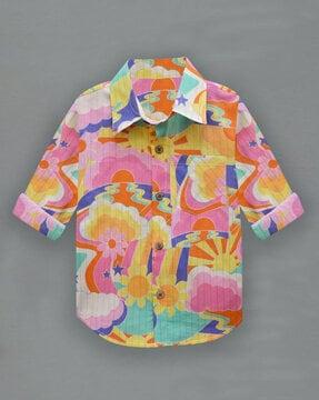 boys floral print regular fit shirt with patch pocket