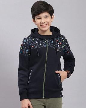 boys geometric print hoodie with zip-front