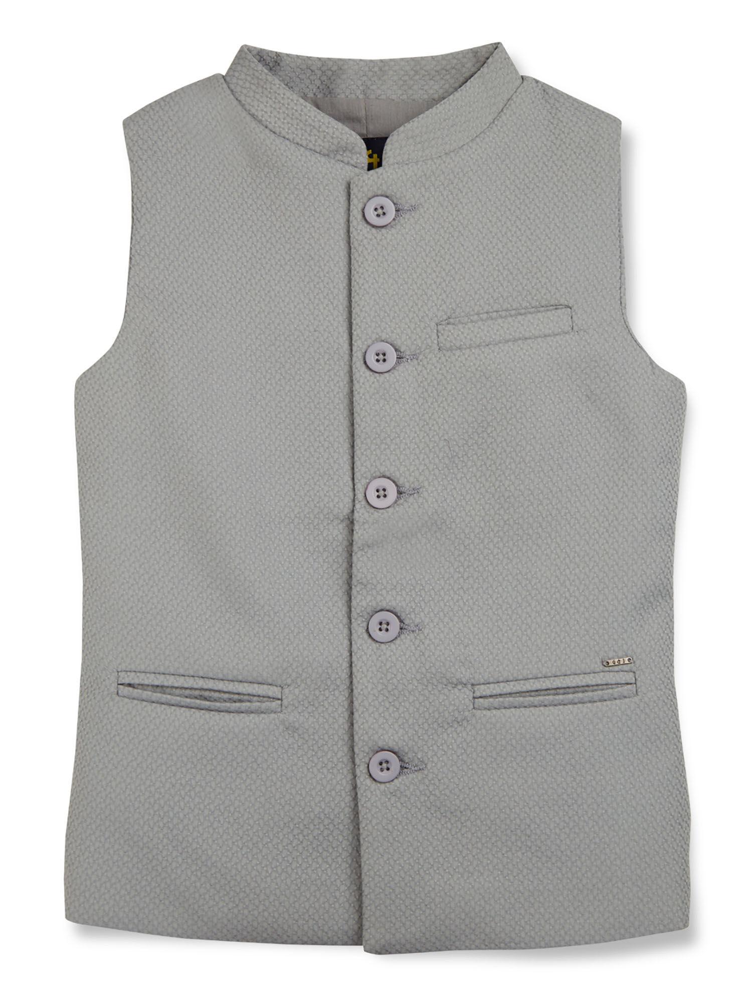 boys grey self design cotton sleeveless nehru jacket