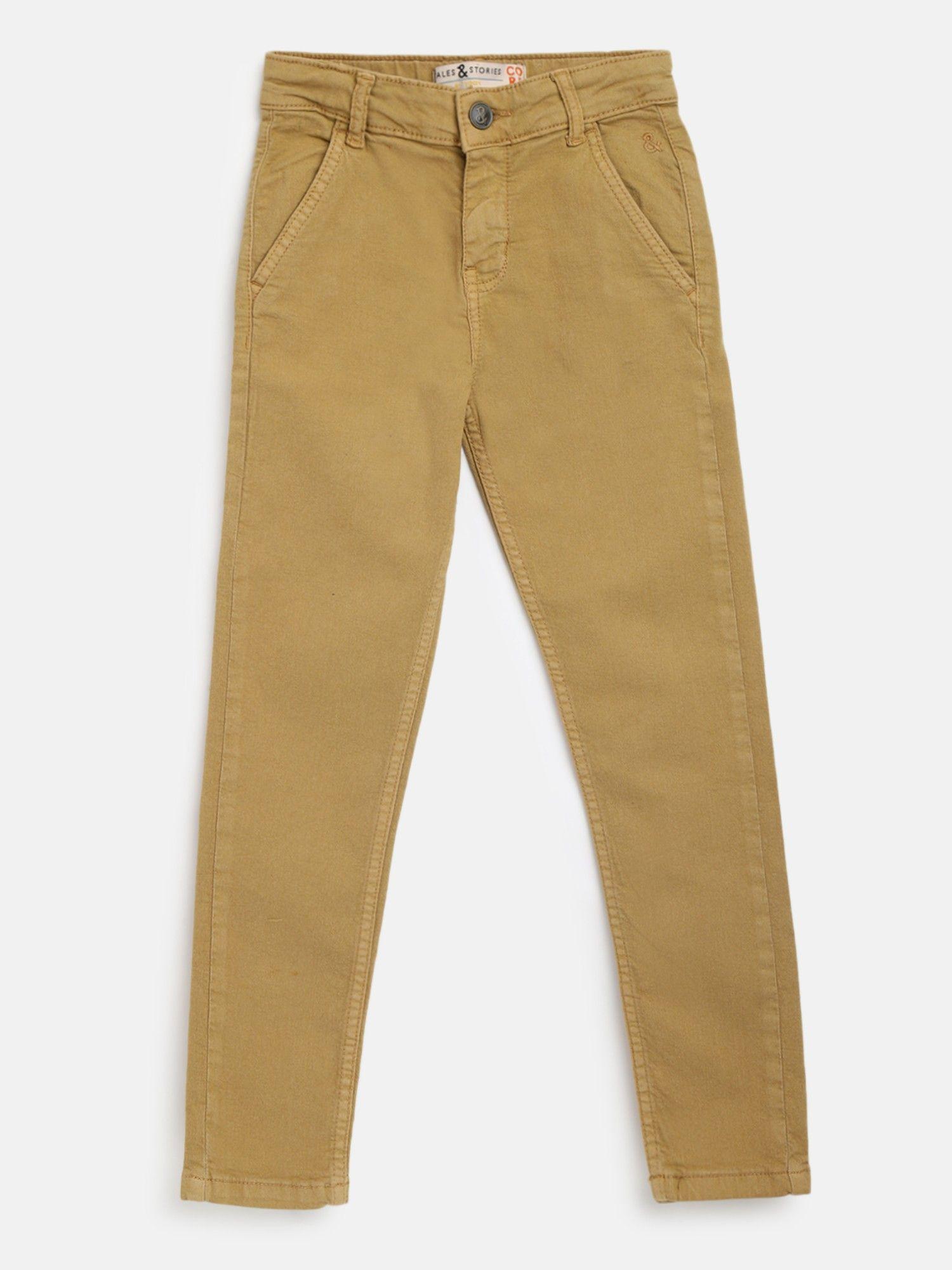 boys khaki cotton lycra slim fit solid trouser