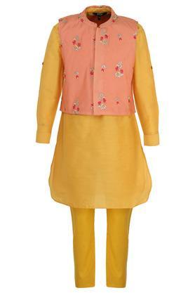 boys mandarin collar embroidered kurta pyjama and nehru jacket set - yellow