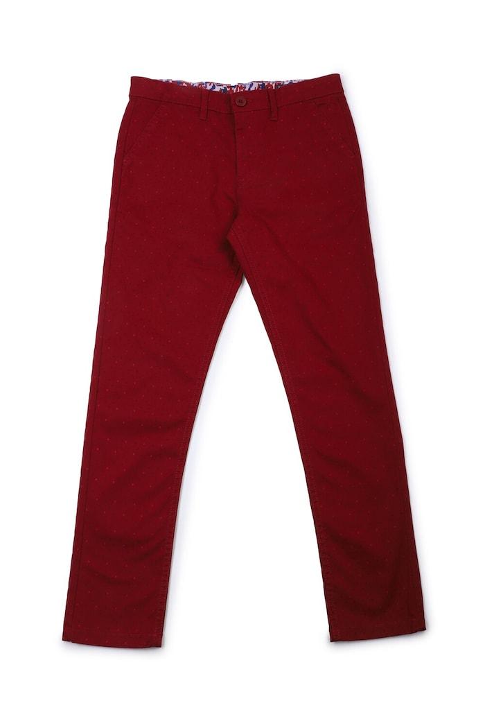 boys maroon slim fit print trousers