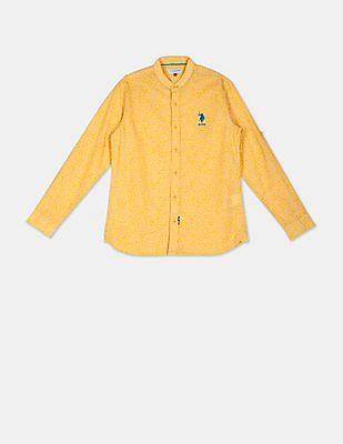 boys mustard mandarin collar print shirt
