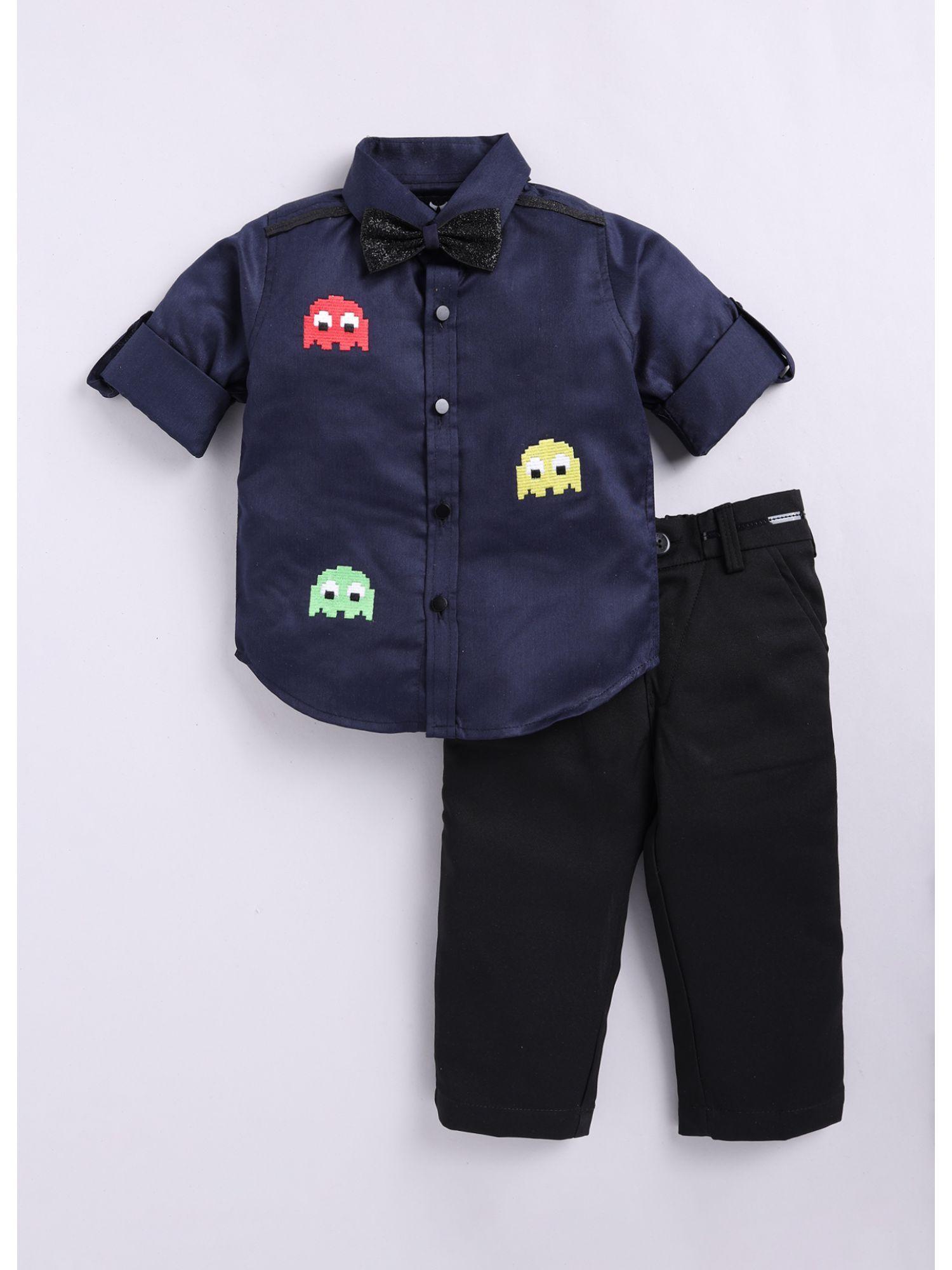 boys pacman embroidered shirt pant and bow tie (set of 3)