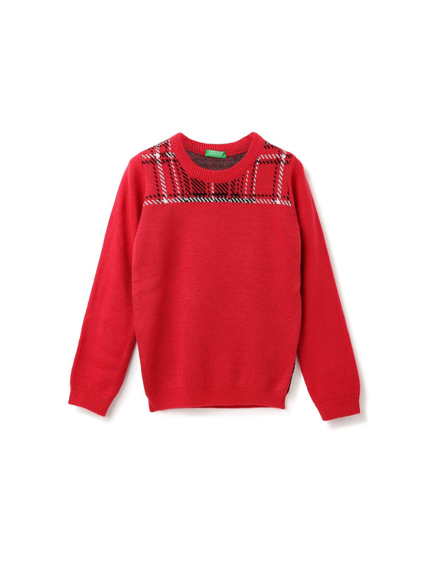 boys red checked round neck sweater