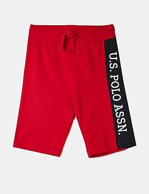 boys red contrast panel brand print shorts