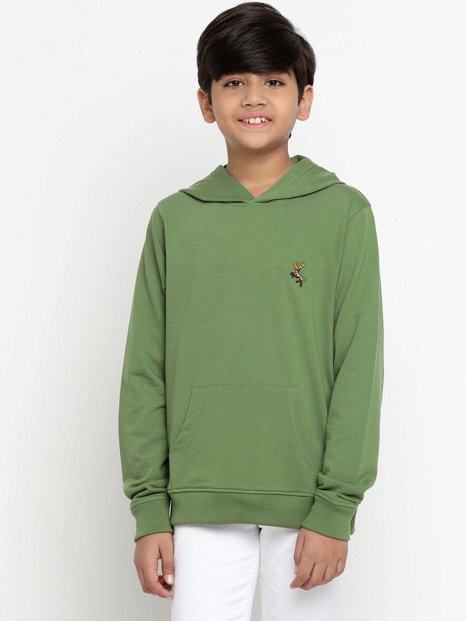boys solid light weight cotton looper olive hoodie