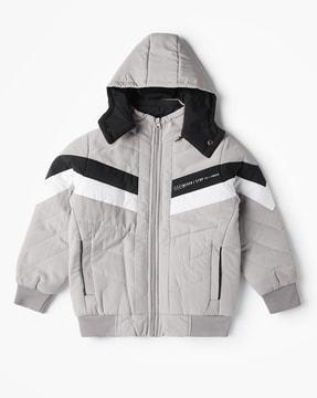 boys striped puffer jacket with detachable hoodie