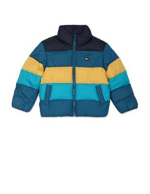 boys teal and yellow rugby stripe puffer jacket