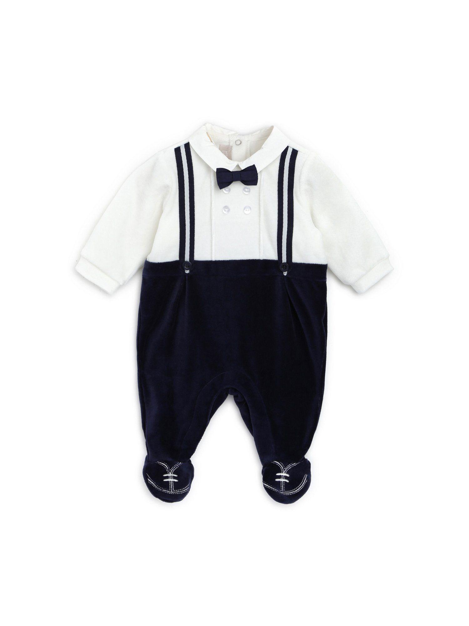 boys white & blue leg opening rompers with bow tie (set of 2)