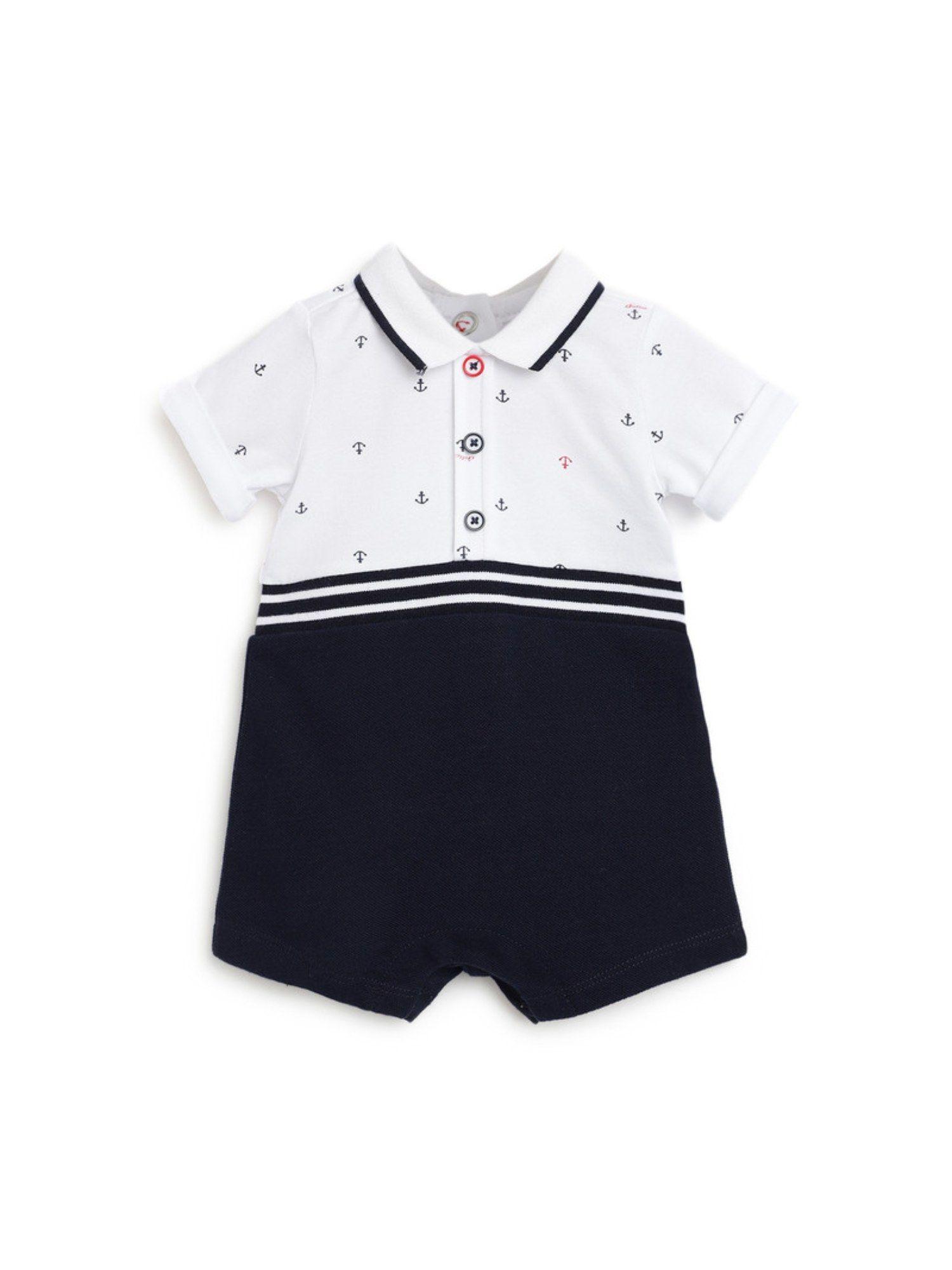 boys white & blue printed knitted romper