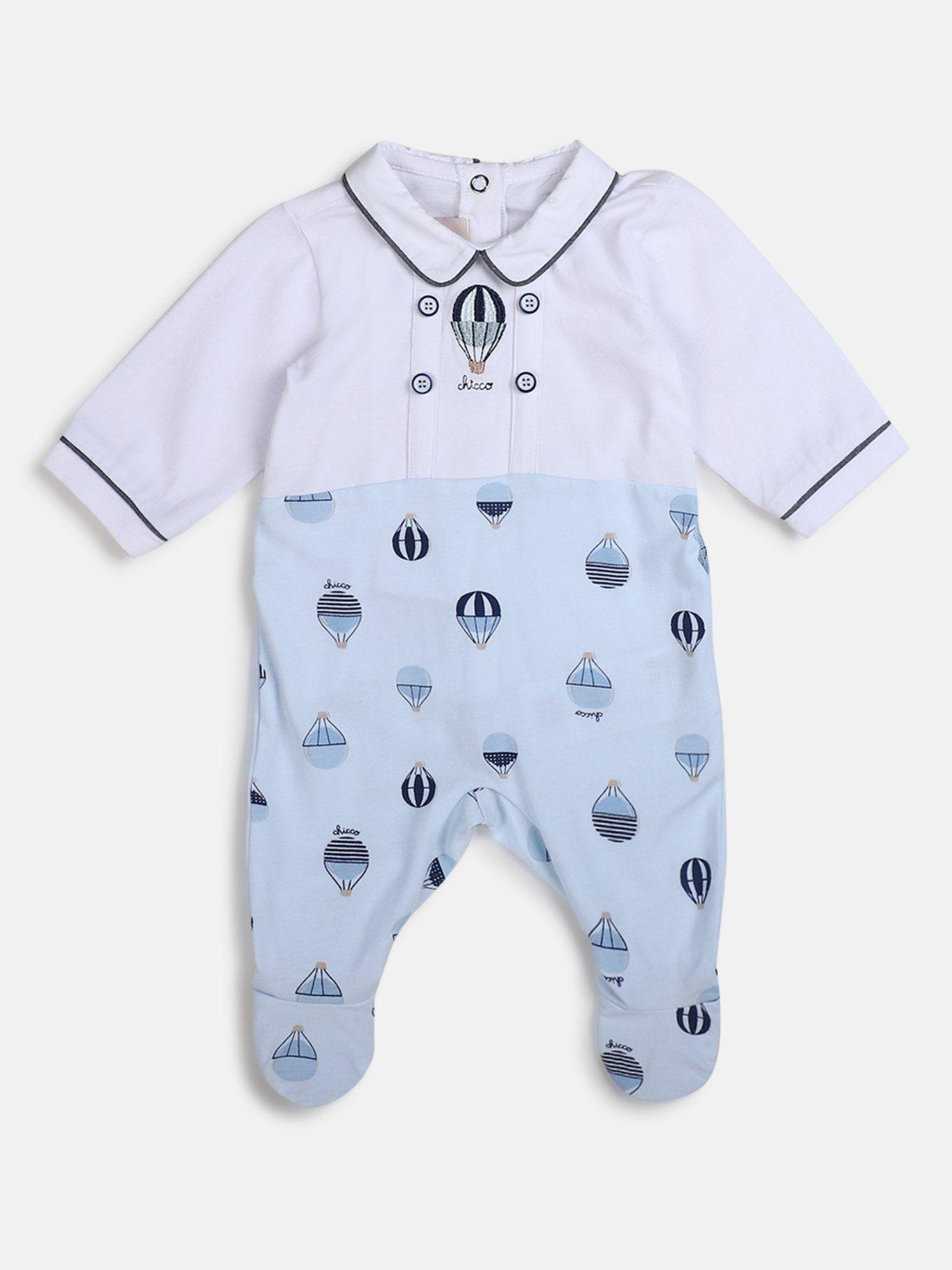 boys white & light blue stretch nappy opening rompers
