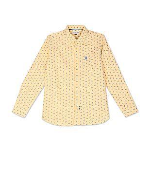 boys yellow button down collar printed shirt