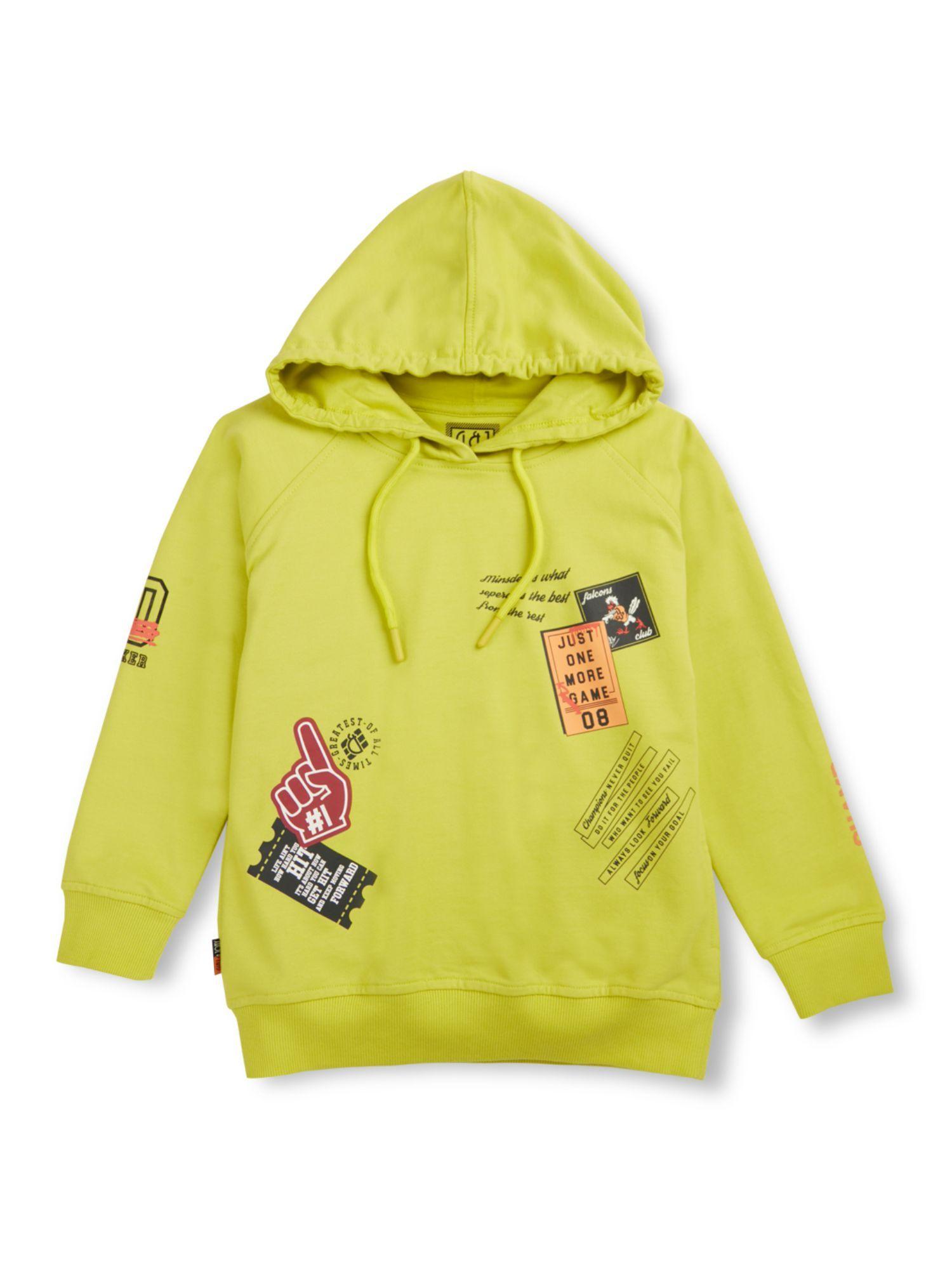 boys yellow fleece full sleeves printed hoodie