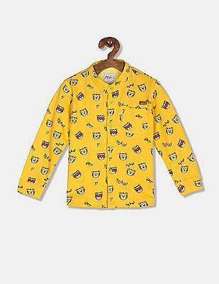 boys yellow mandarin collar printed shirt