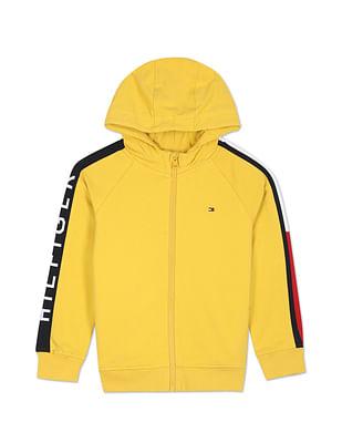 boys yellow zip up brand stripe hooded sweatshirt