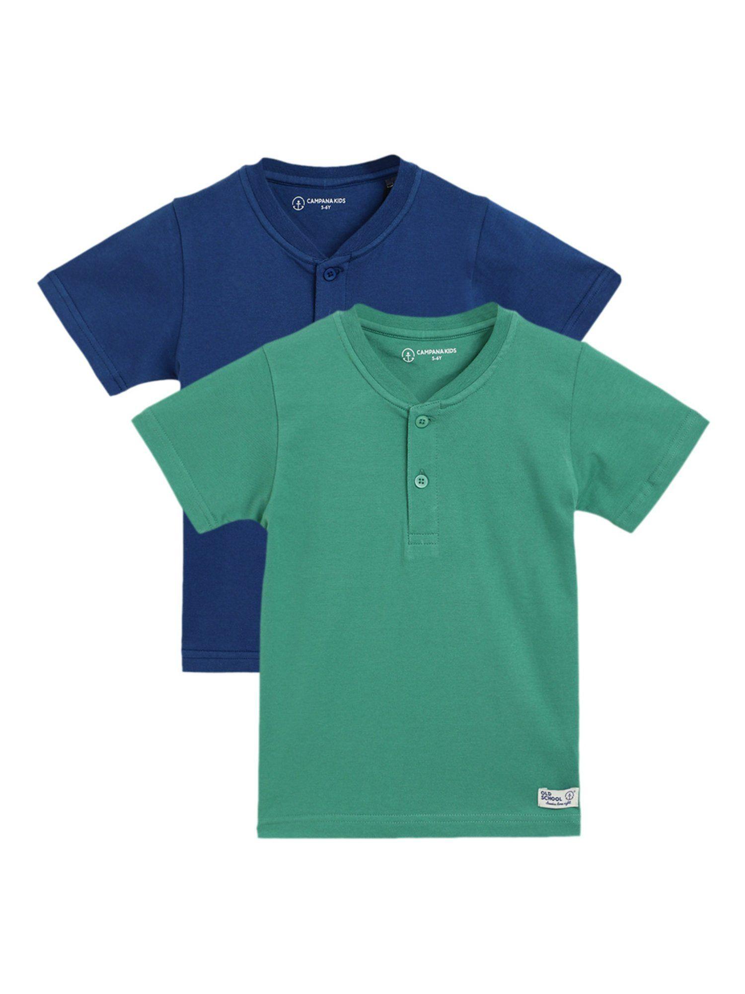 boys alan half sleeve henley t-shirt - green & blue (pack of 2)