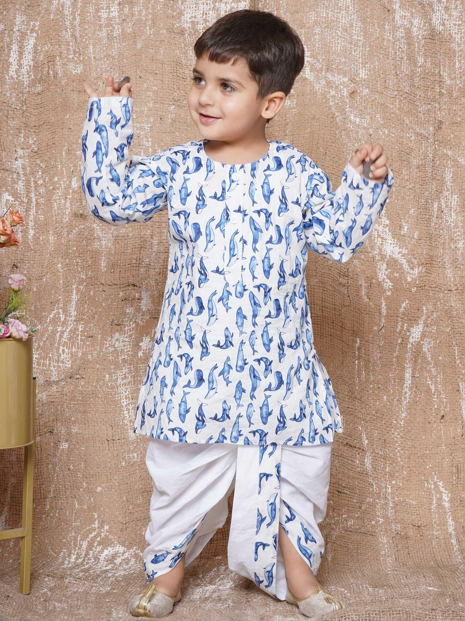 boys animal print pure cotton dhoti with kurta blue (set of 2)
