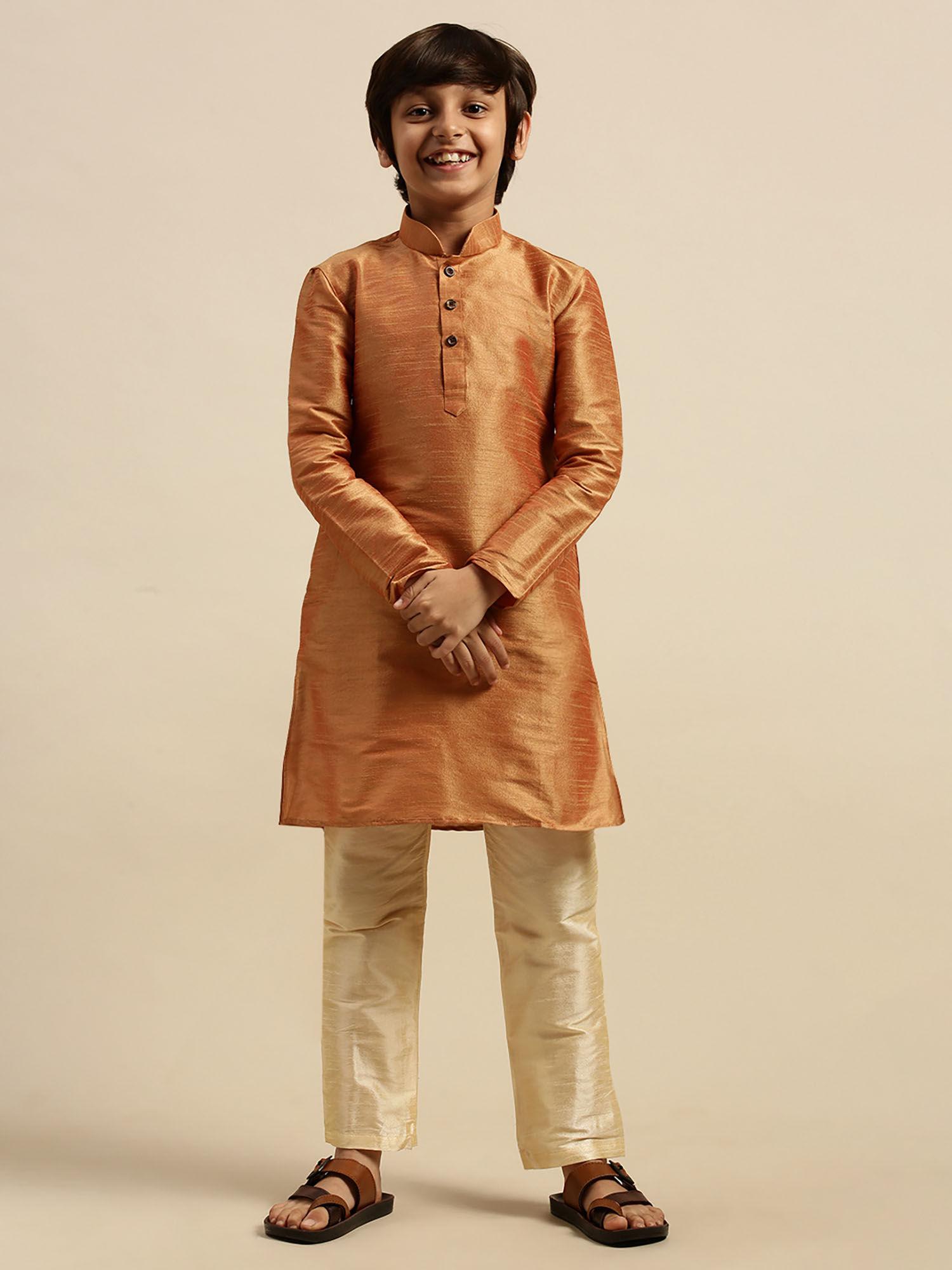 boys art silk solid fawn straight kurta with pyjama (set of 2)