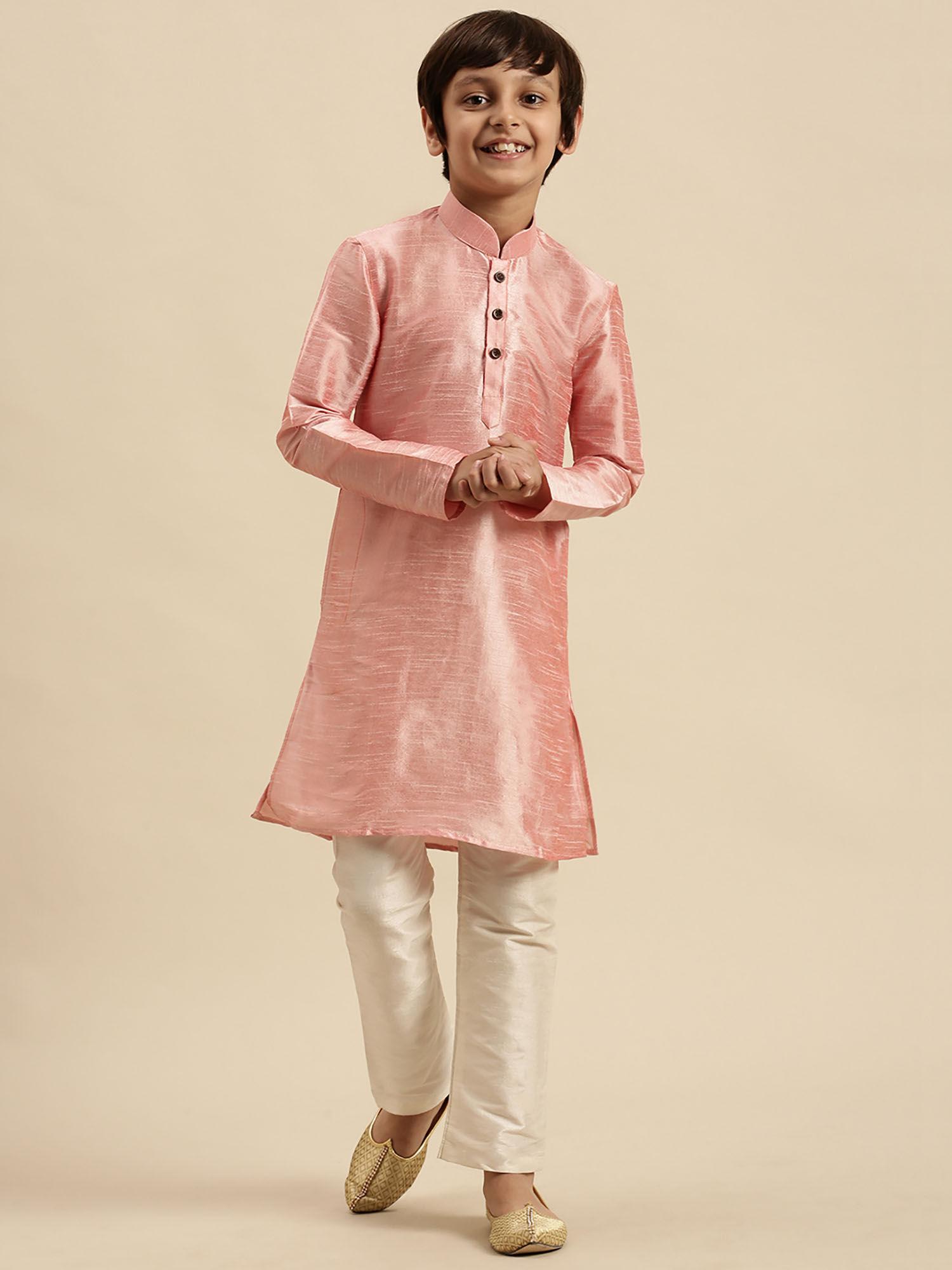 boys art silk solid pink straight kurta with pyjama (set of 2)