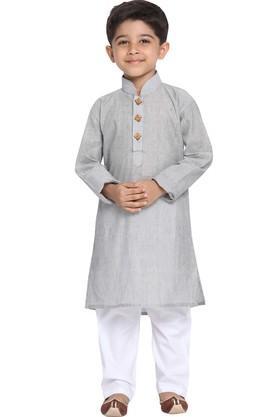 boys ash grey and white pure cotton kurta and pyjama set - grey
