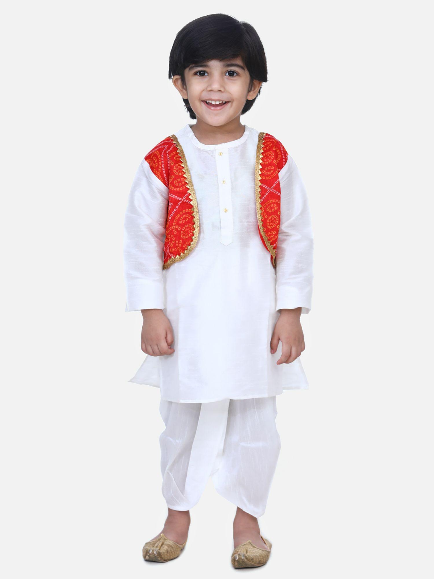 boys attached jacket bandhani dhoti kurta- white (set of 2)