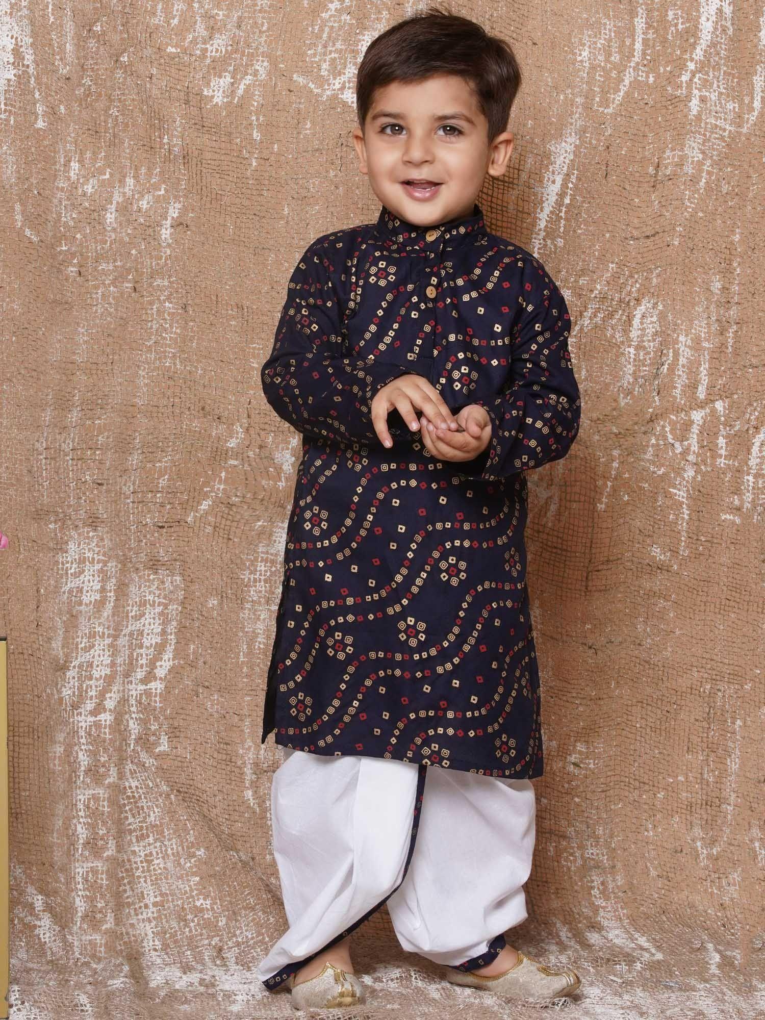 boys bandhani style pure cotton dhoti with kurta navy blue (set of 2)
