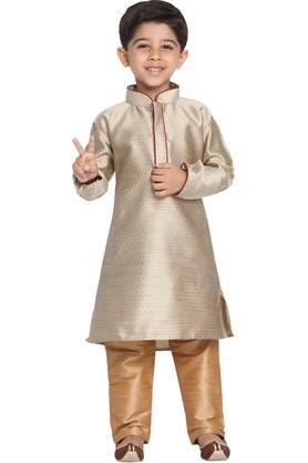 boys beige and rose gold silk blend kurta and pyjama set - natural