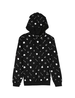 boys black all over print hooded sweatshirt