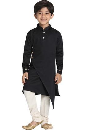 boys black and cream cotton satin blend kurta and pyjama set - black