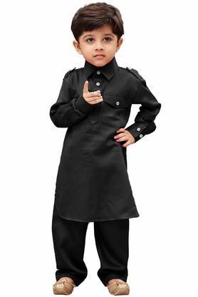 boys black cotton pathani suit set - black