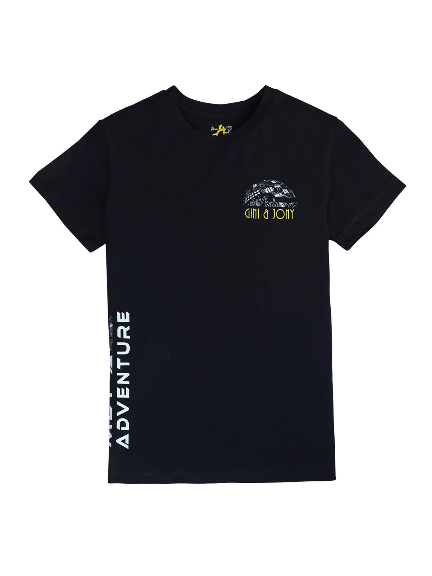 boys black digital print cotton single jersey t-shirt half sleeves