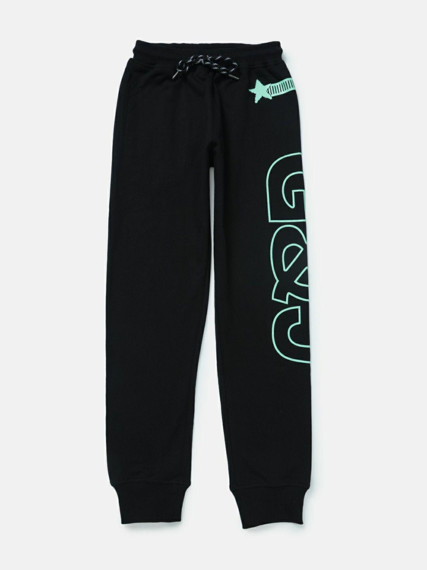 boys black knitted printed track pant