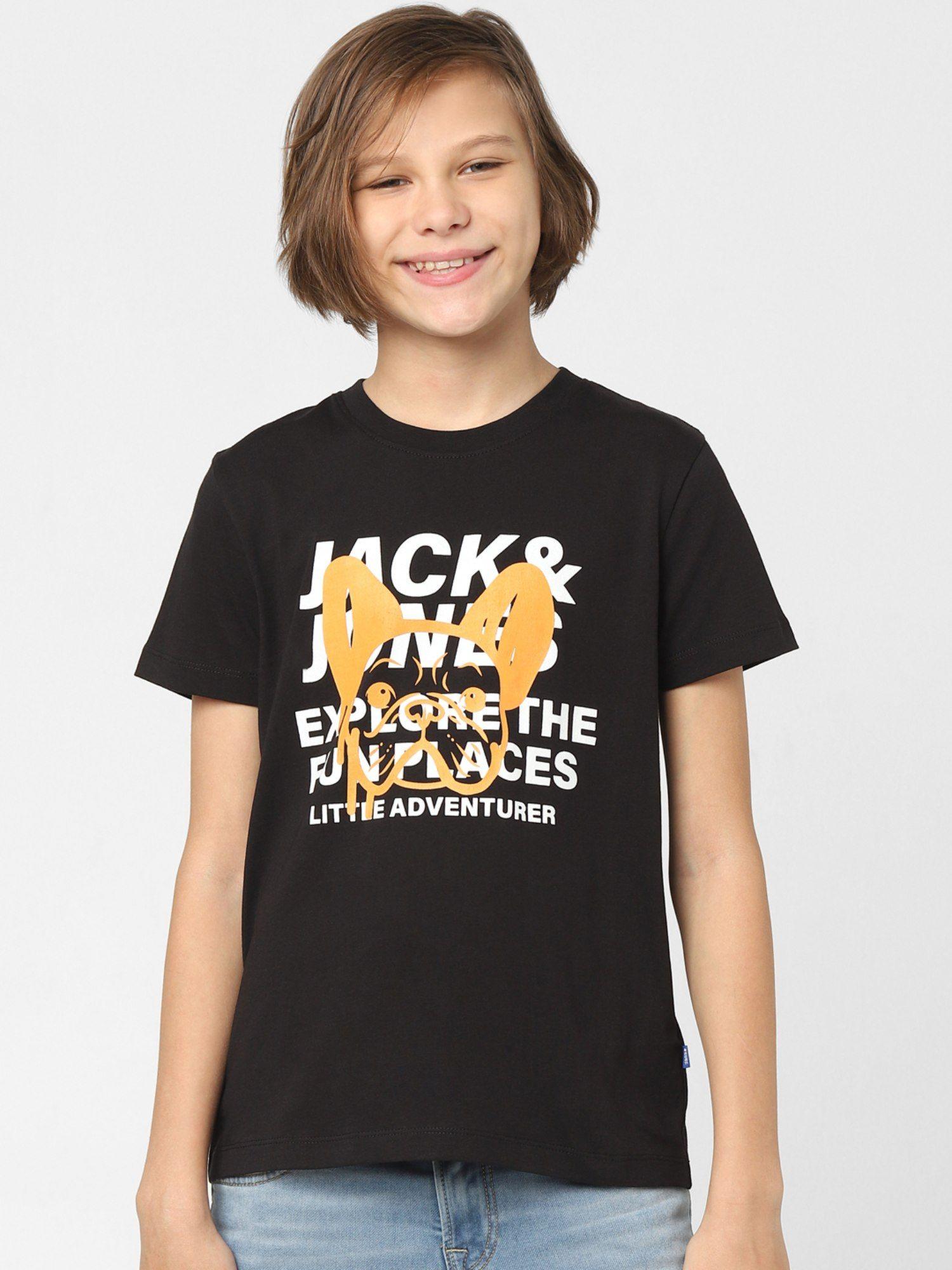 boys black logo print crew neck t-shirt