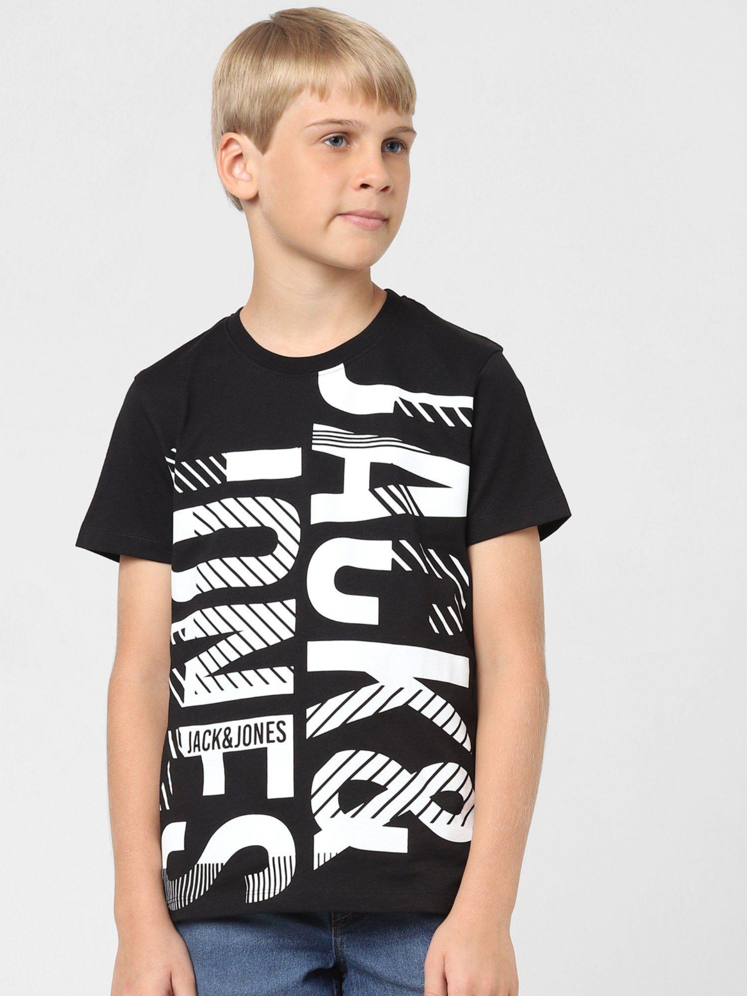 boys black logo print crew neck t-shirt