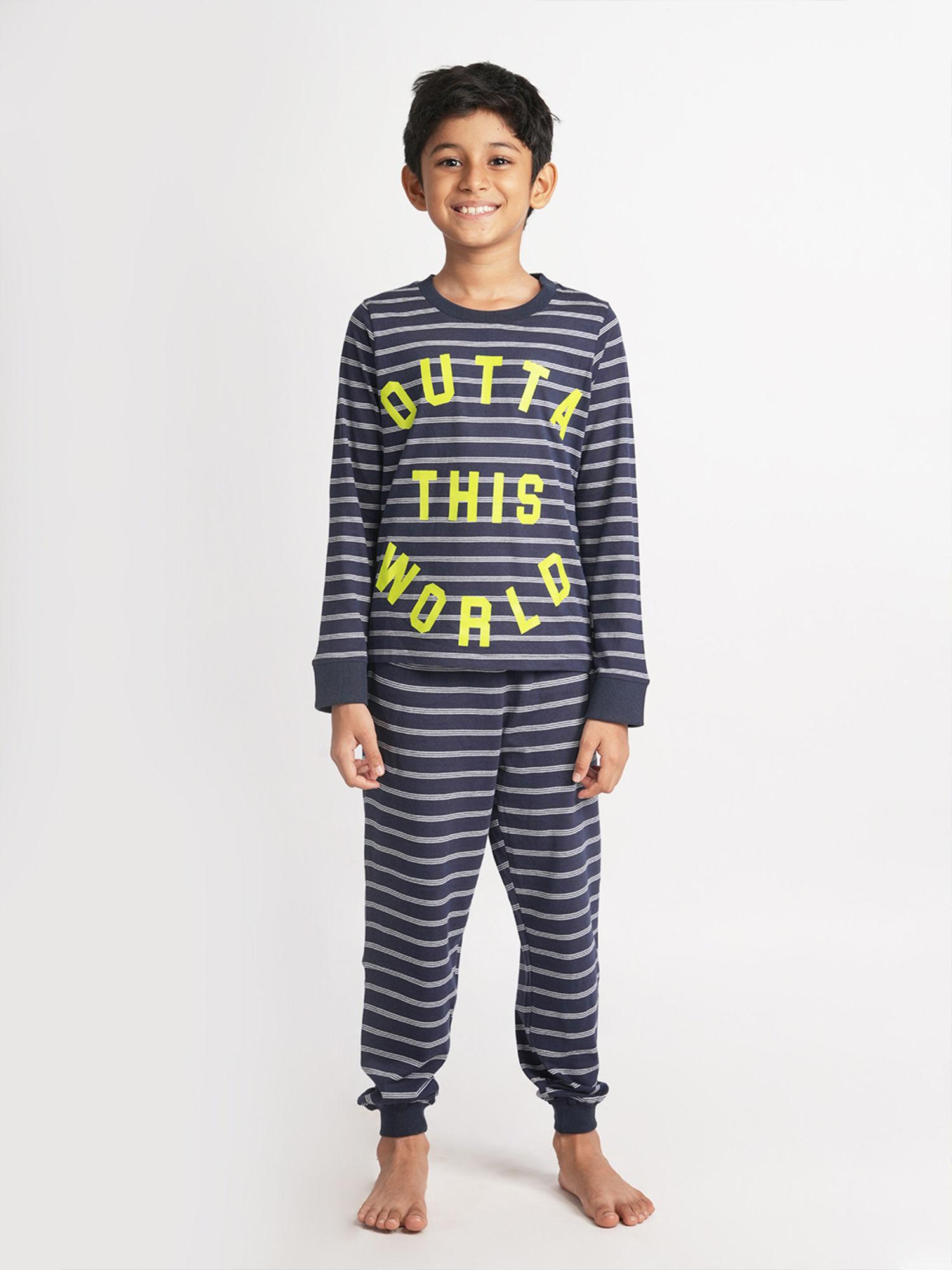 boys black striped nightsuit (set of 2)