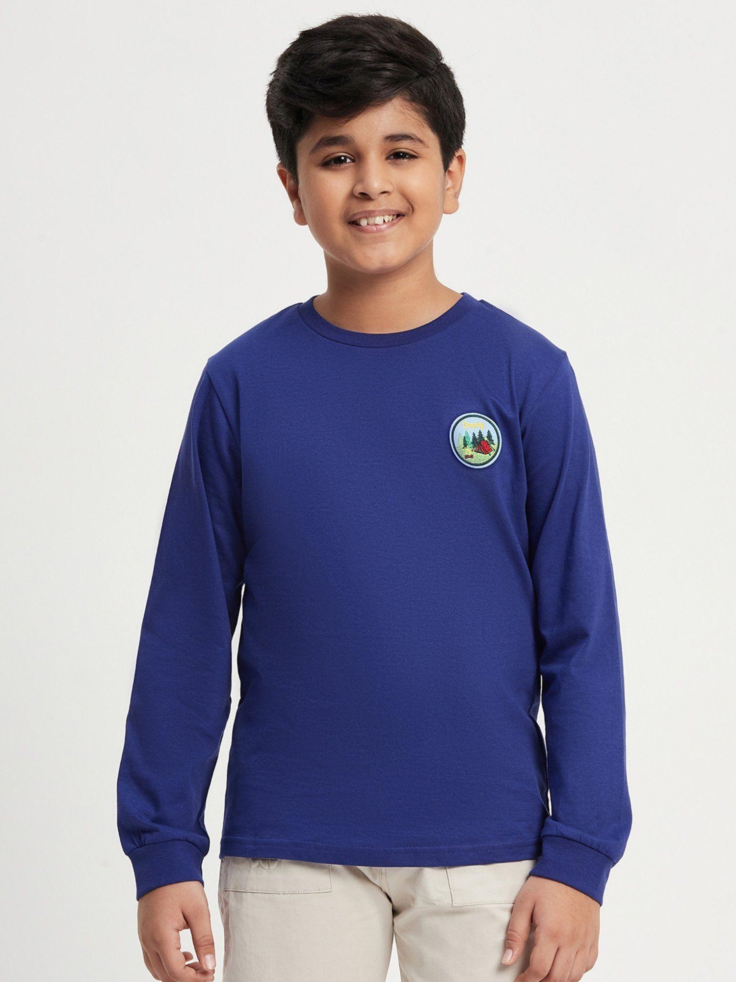 boys blue cotton solid full sleeves round neck t-shirt