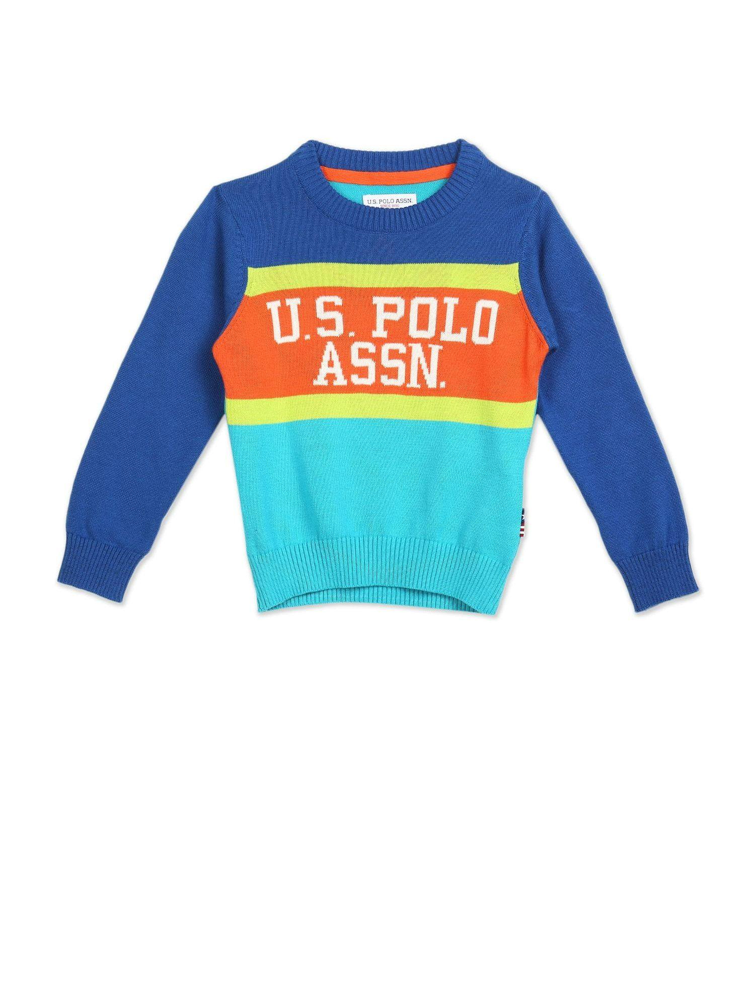 boys blue crew neck colour block sweater