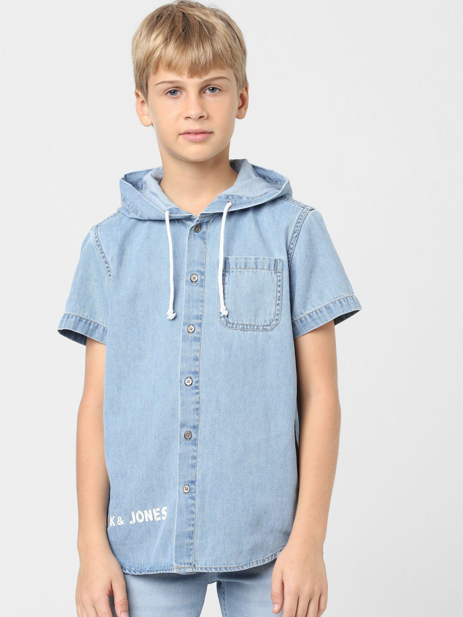 boys blue hooded denim shirt