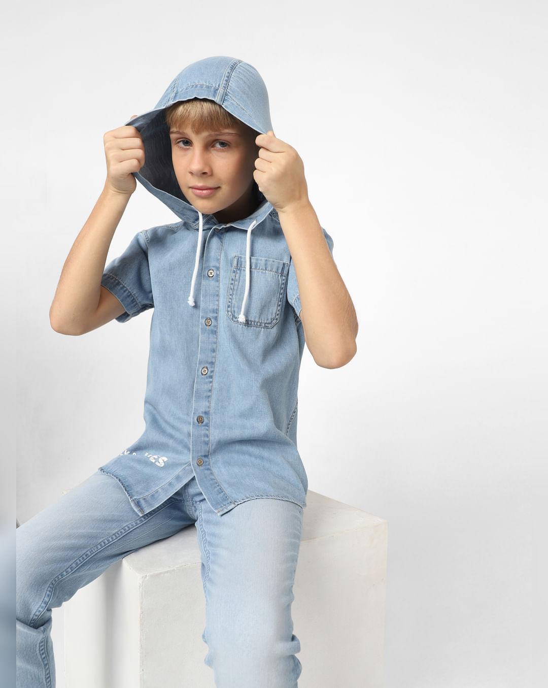 boys blue hooded denim shirt