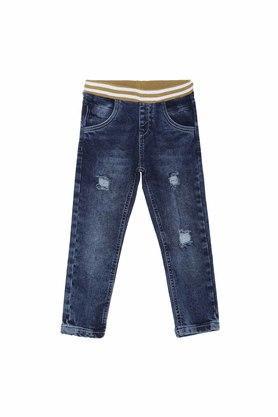 boys blue mildly distressed slim fit solid cotton joggers - blue